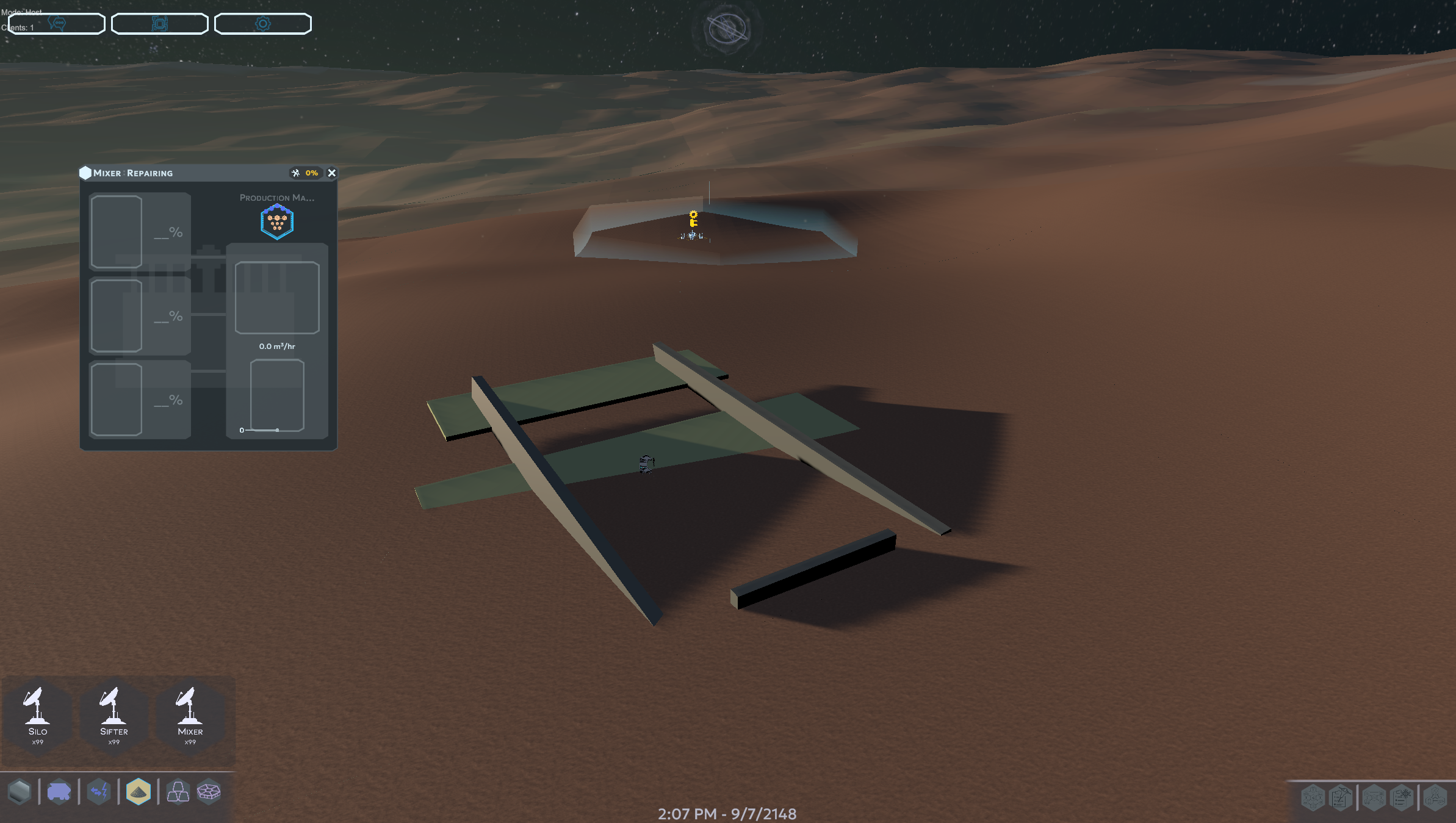 LithoBreak experimental build showing a placed mixer, repair UI, moon terrain, and placement palette.