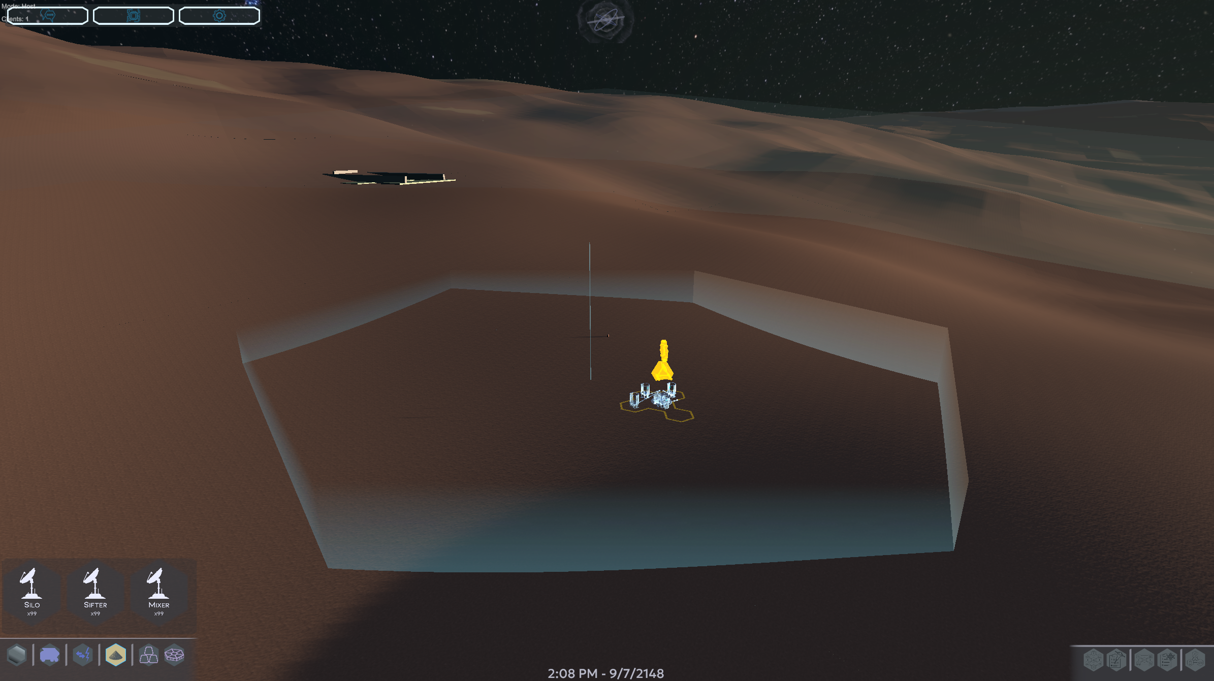 LithoBreak experimental build showing a placed site area on moon terrain under a star field.